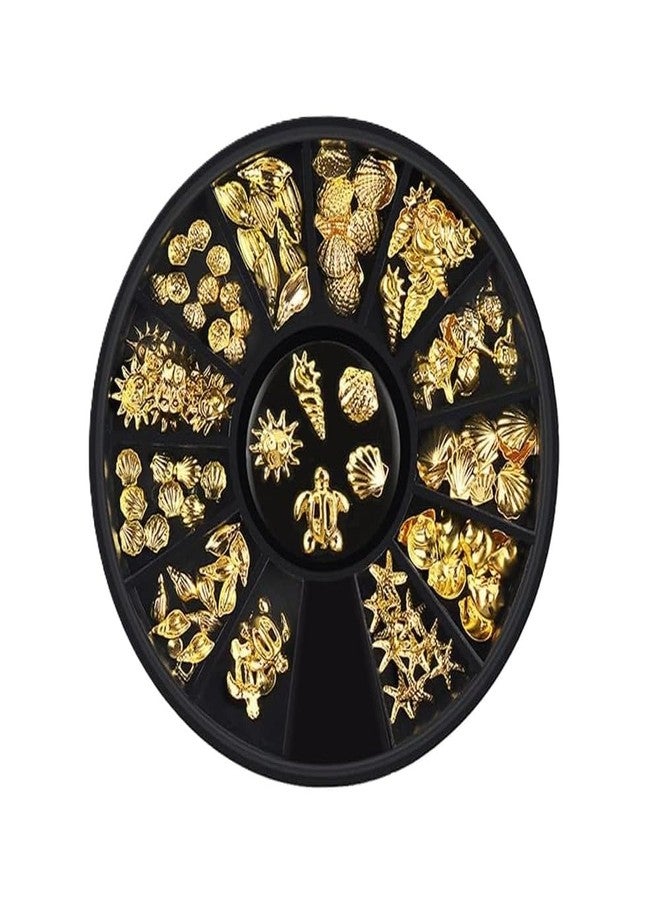 Tnyvm 1 Box 12 Styles Golds Nail Art Metal Studs Golds Metallic 3D Pieces Rivet Palm Tree Turtles Marine Life Charms for Summer Beach Ocean Manicure DIY Acrylic Nails Design Supply (Gold Ocean Studs) - Image 1